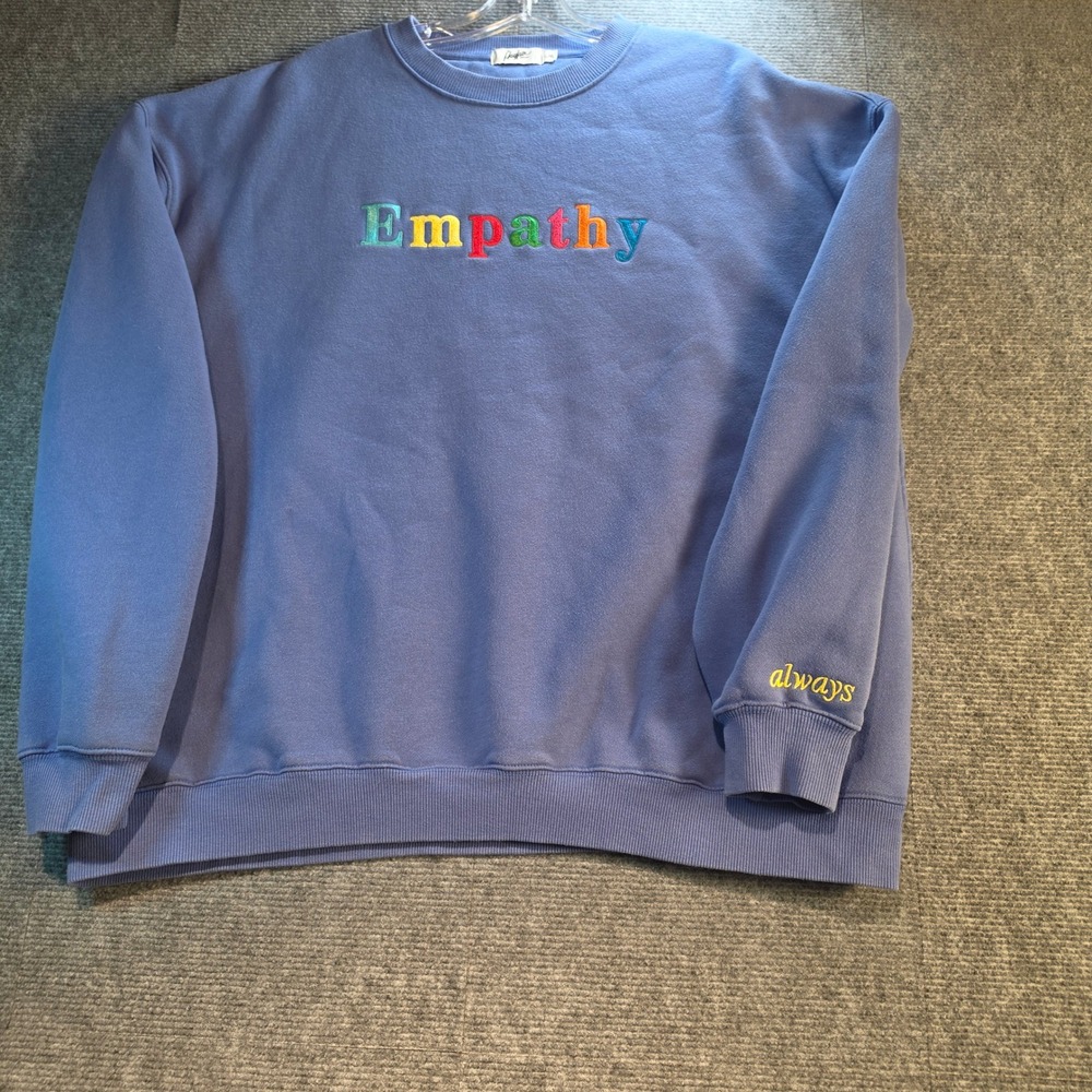 The Mayfair Group Empathy Always Sweatshirt Women L/XL Blue Rainbow Good Logo